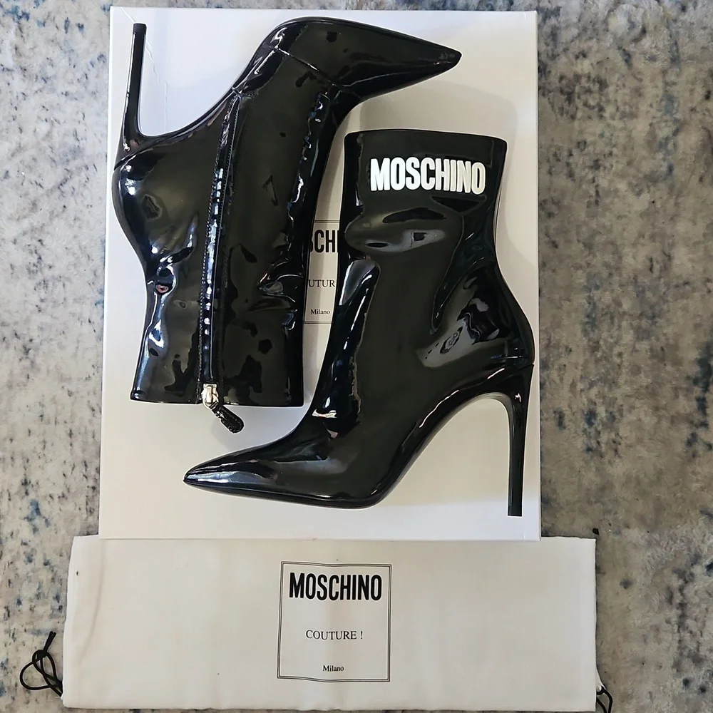 Moschino Patent Leather Pointed Toe Stiletto Boot – Black, 36.5